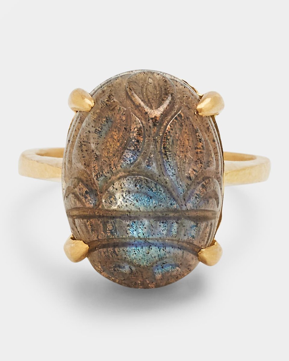 Small Labradorite Scarab Ring with Thin Hammered Prongs, Size