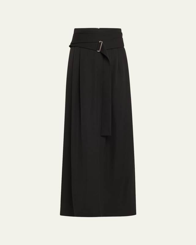 Angela Long Pleated Self-Tie Wool Skirt