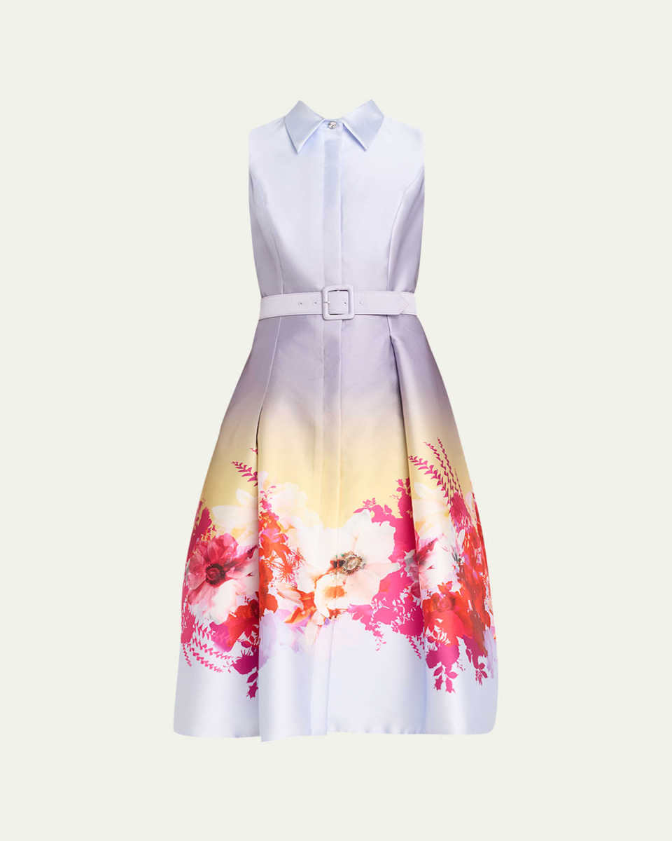 Pleated Ombre Floral-Print Midi Shirtdress