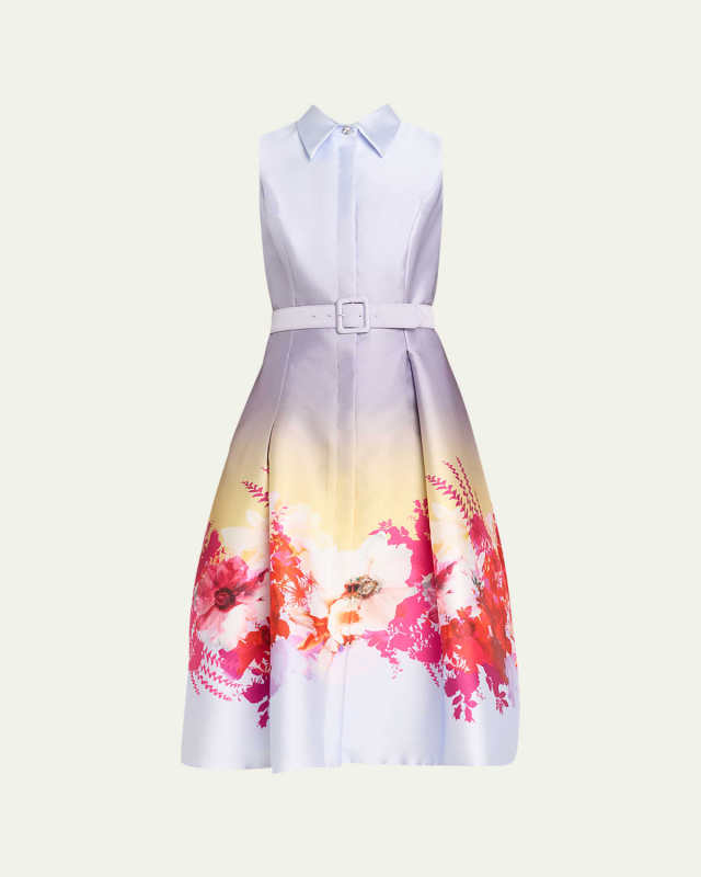 Pleated Ombre Floral-Print Midi Shirtdress