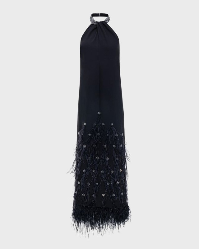 Vic Crystal Feather Halter Gown