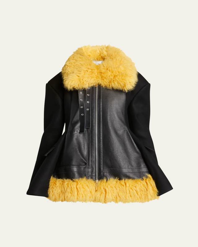 Hybrid Colorblock Fur Collar Leather Quilted Blazer
