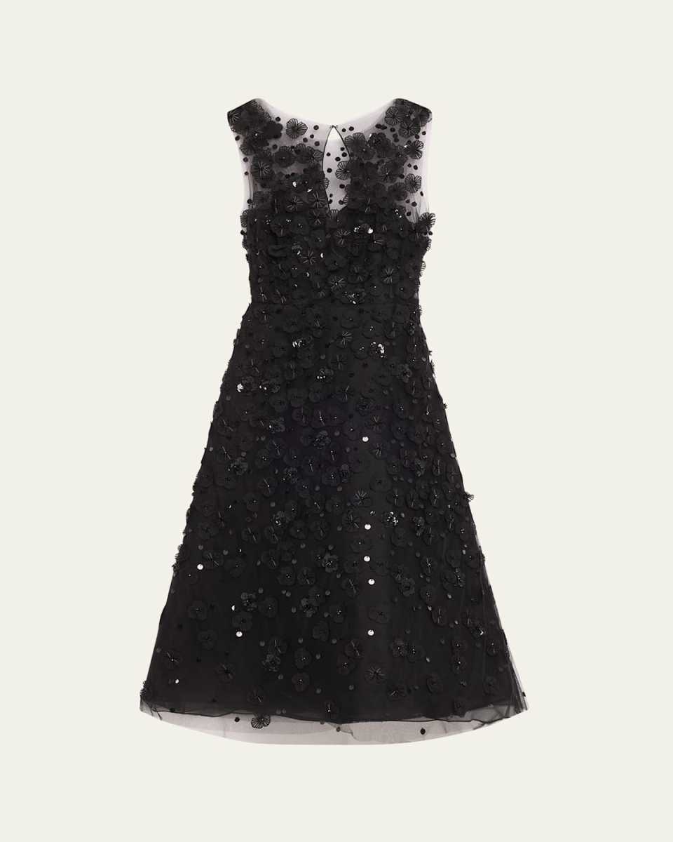 Floral Applique Sequined Beaded Midi Dress