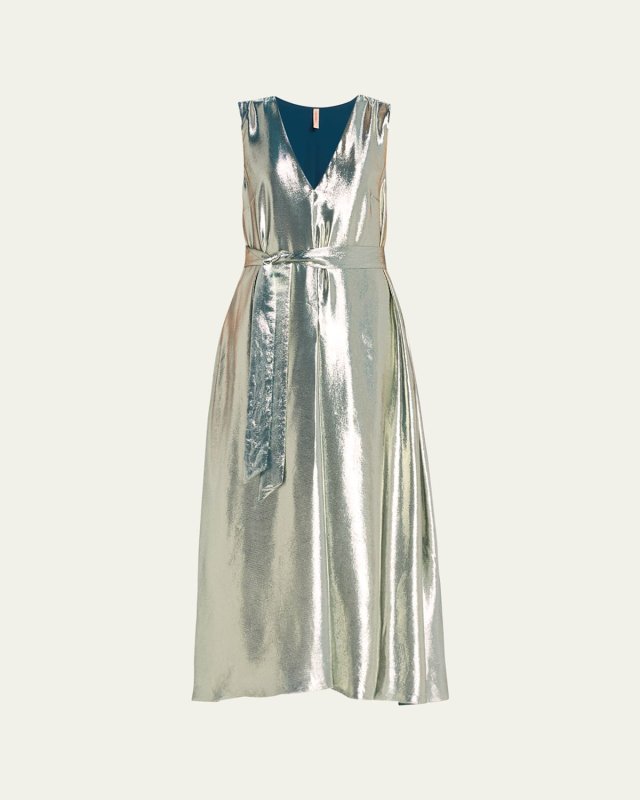 Shiny Self-Tie V-Neck Silk Dress
