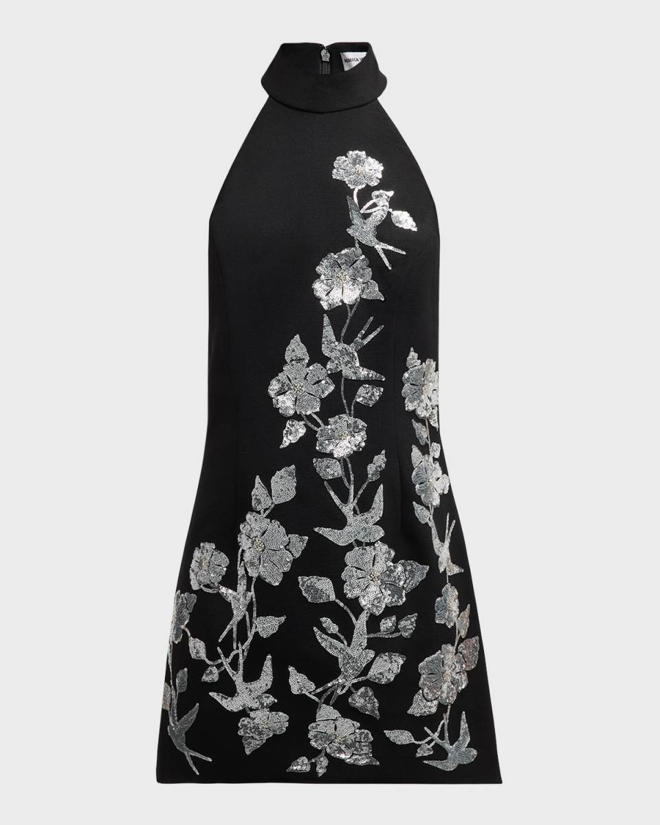 Monroe Floral Embroidered Halter Mini Dress