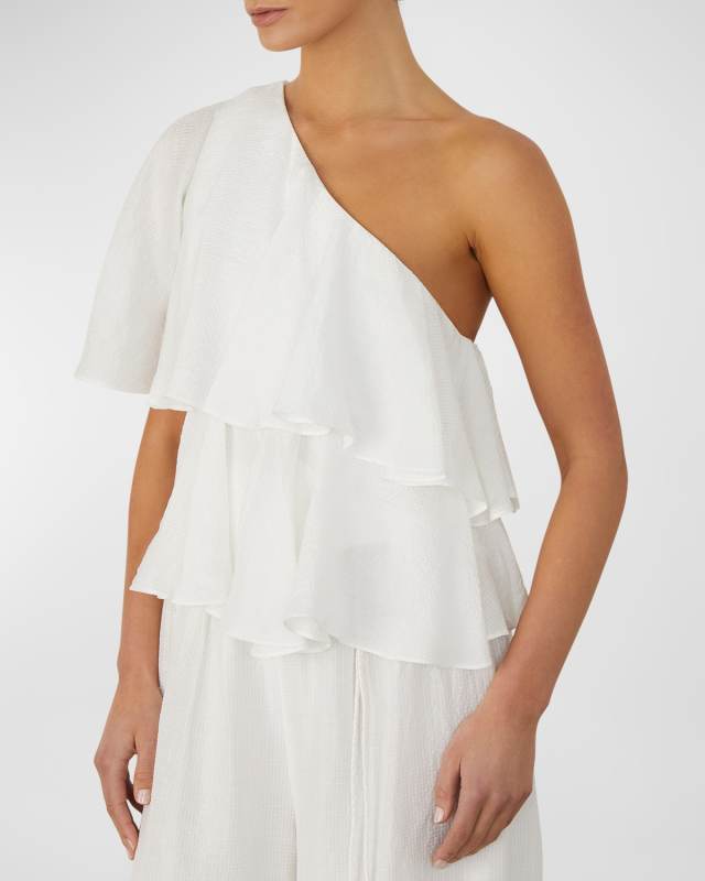 Susie One-Shoulder Ruffle Tiered Seersucker Top