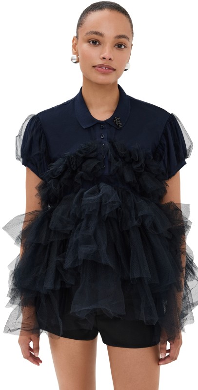 Simone Rocha Puff Sleeve Tulle Frill Polo Shirt Navy/Black/Jet