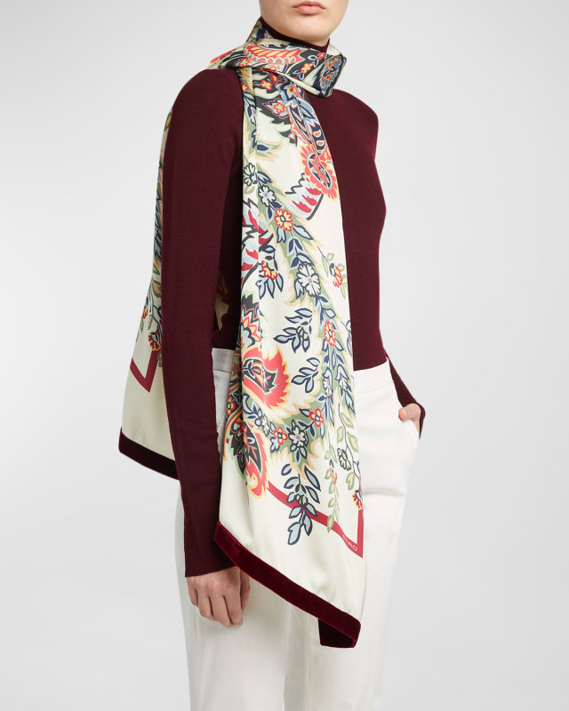 Bohemian Print Scarf With Velvet Trim