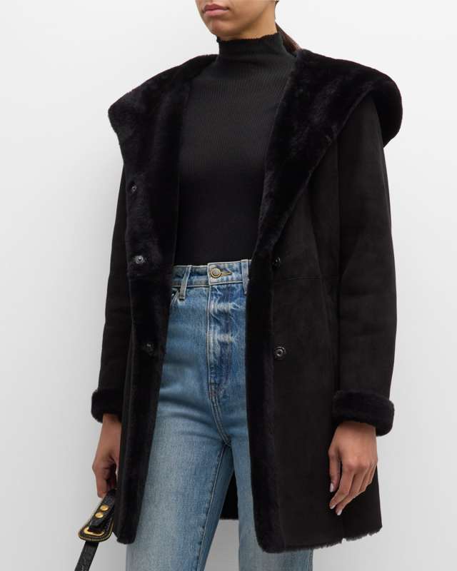 Shearling Lamb Hooded A-Line Stroller Coat