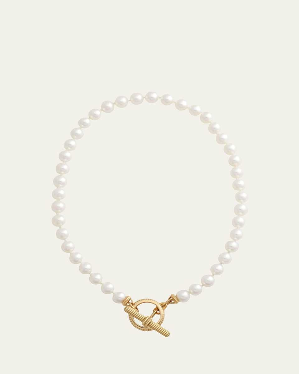 18K Gold Barre Link Toggle Necklace with Akoya Pearls, 16"