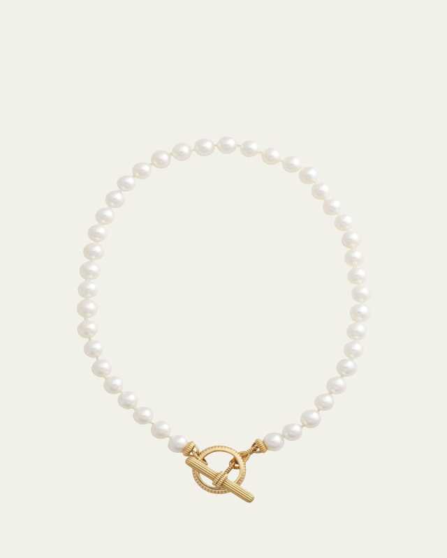 18K Gold Barre Link Toggle Necklace with Akoya Pearls, 16"