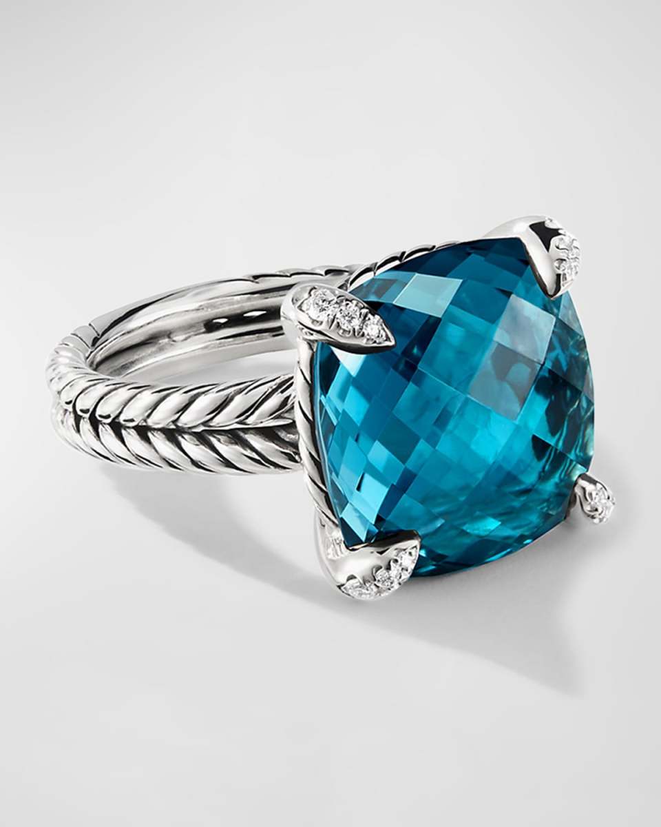 Chatelaine Ring with Gemstone and Diamonds in Silver, 14mm