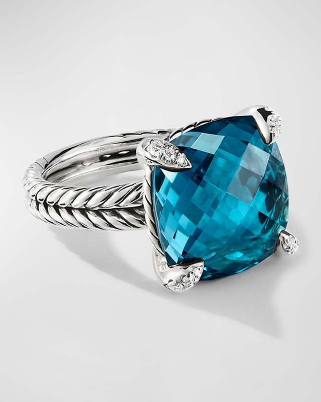 Chatelaine Ring with Gemstone and Diamonds in Silver, 14mm