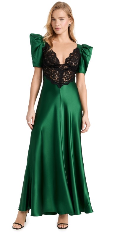 Rodarte Green Silk Satin Short Sleeve Dress with Black Lace Detail Green