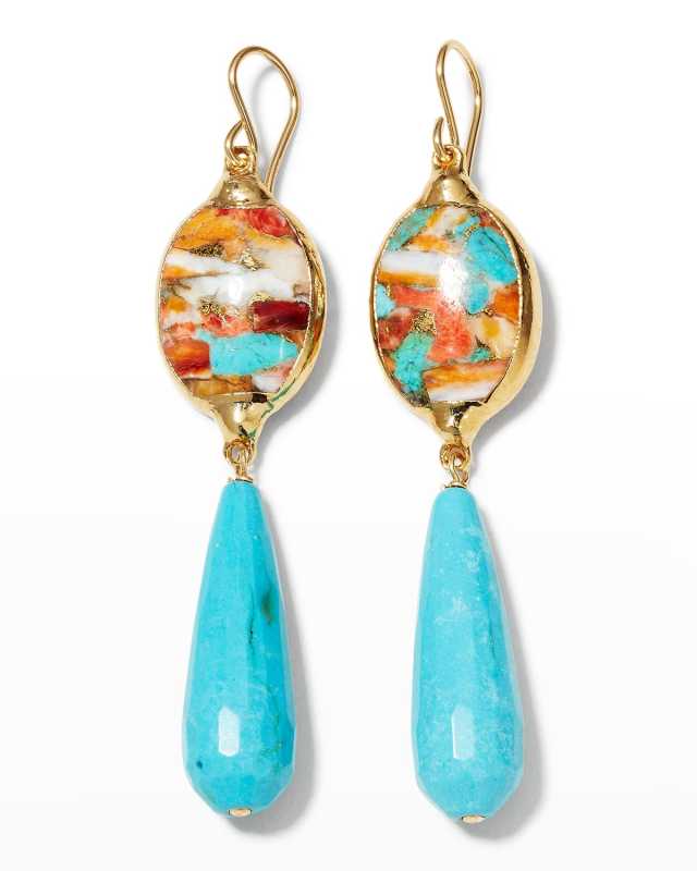 Spiny Oyster and Turquoise in Gold Foil Drop Earrings