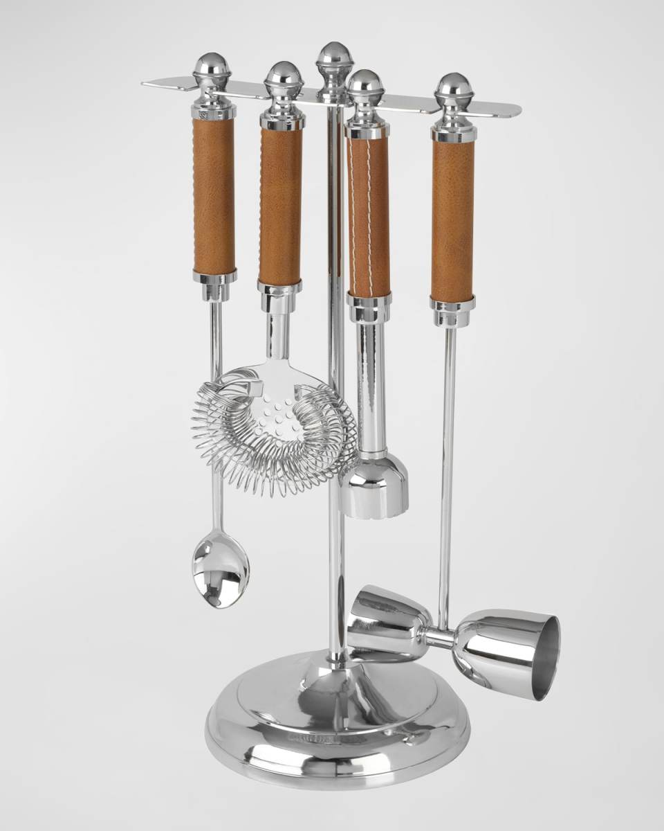 Faux Leather Stitched 5-Piece Bar Tool Set