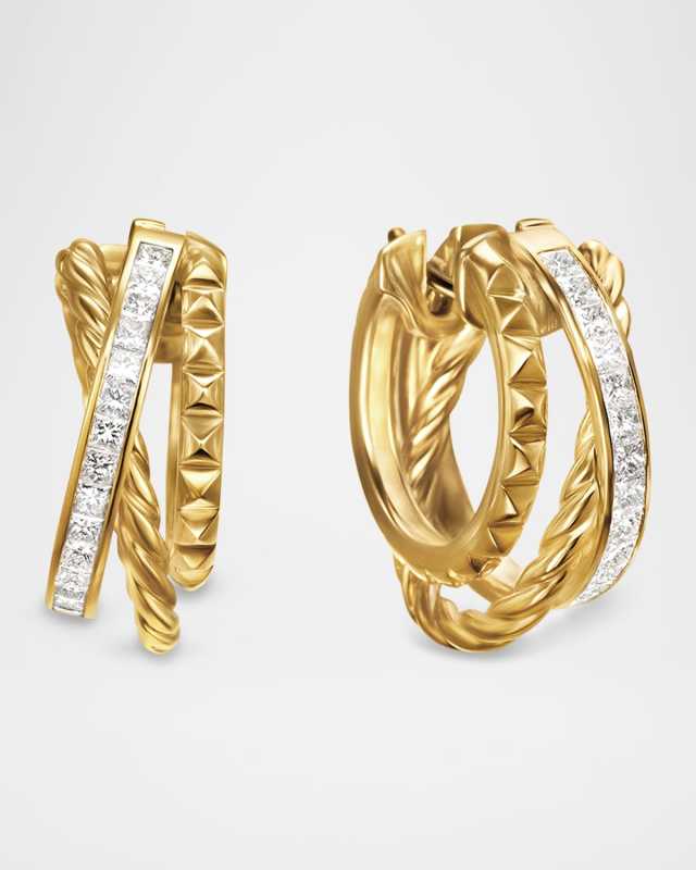 DY Crossover Trio Multi-Row Hoop Earrings with Diamonds in 18K Gold, 9mm