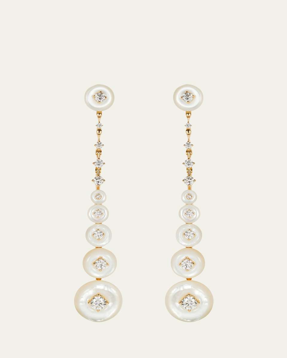 Surrounding Long Earrings in Yellow Gold, Diamonds and Mother-of-Pearl