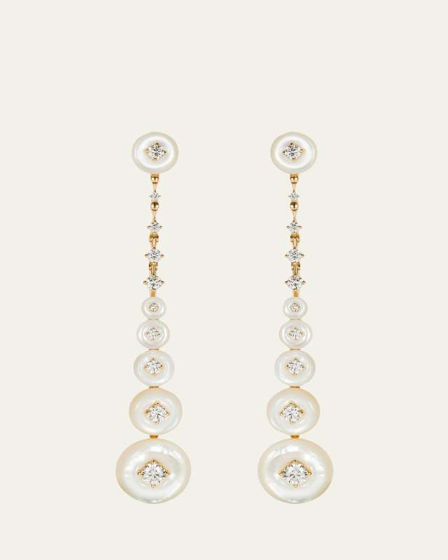 Surrounding Long Earrings in Yellow Gold, Diamonds and Mother-of-Pearl