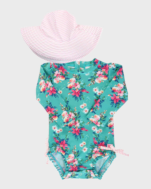 Fancy Me Floral Print Rash Guard w/ Swim Hat, Size 0M-3