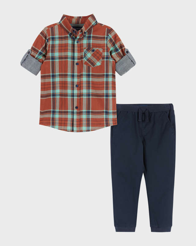 Boy's Plaid-Print Button Down Shirt & Joggers Set, Size Newborn-24