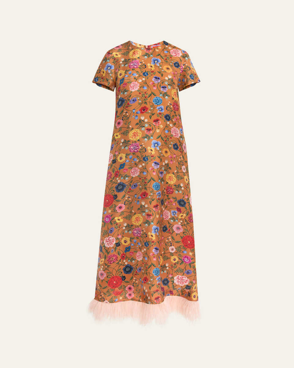 Floral-Print Feather-Trim Maxi Swing Dress