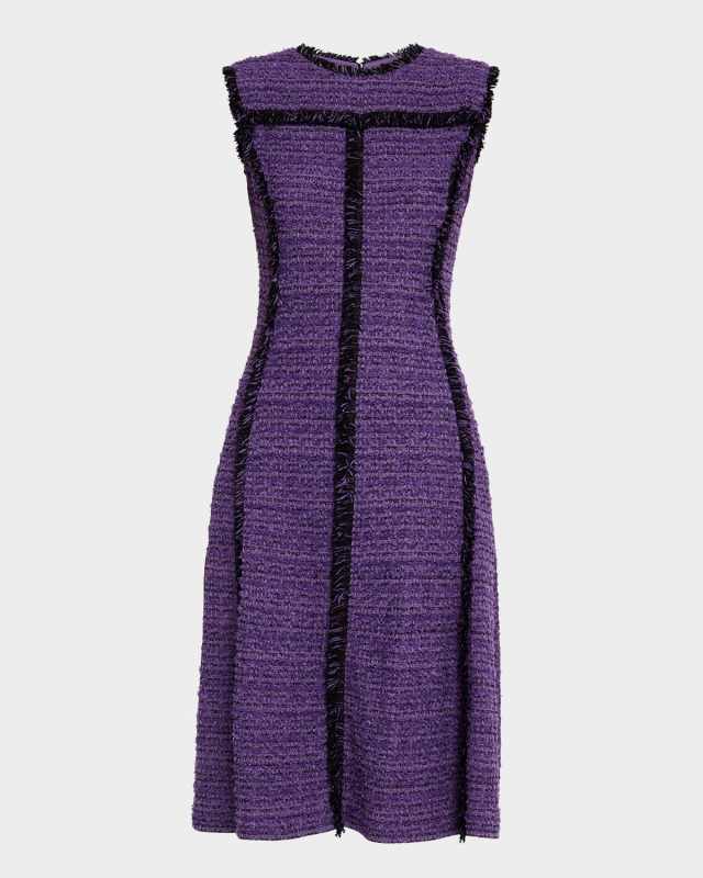 Sleeveless Fringe-Trim Tweed Dress