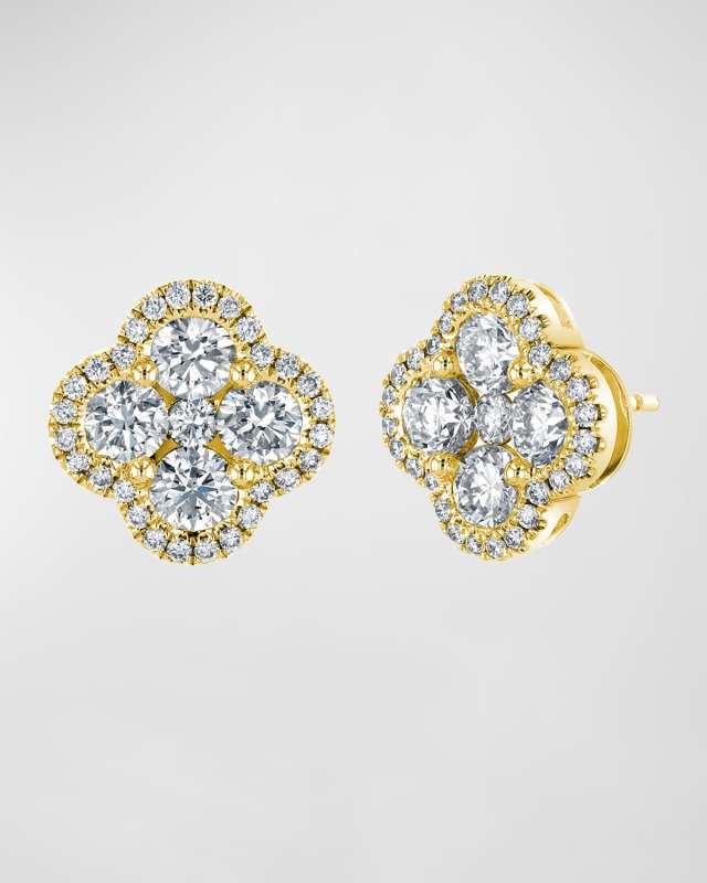18K Gold Diamond Clover Halo Stud Earrings, 1.9tcw, 0.41" / 0.41"W