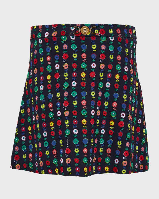 Girl's Falling Flowers-Print Skirt W/ Medusa Buckle, Size 8-