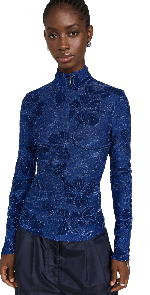 Stine Goya Gathered High Neck Collar Top Fine Line Poppies