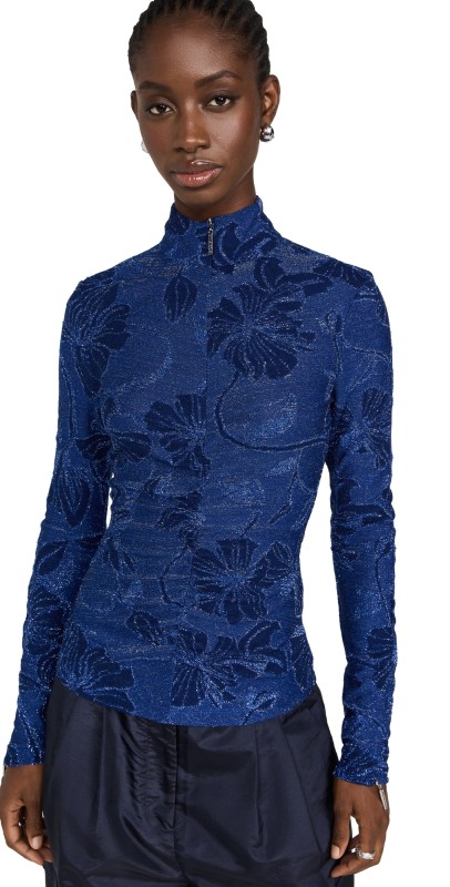 Stine Goya Gathered High Neck Collar Top Fine Line Poppies