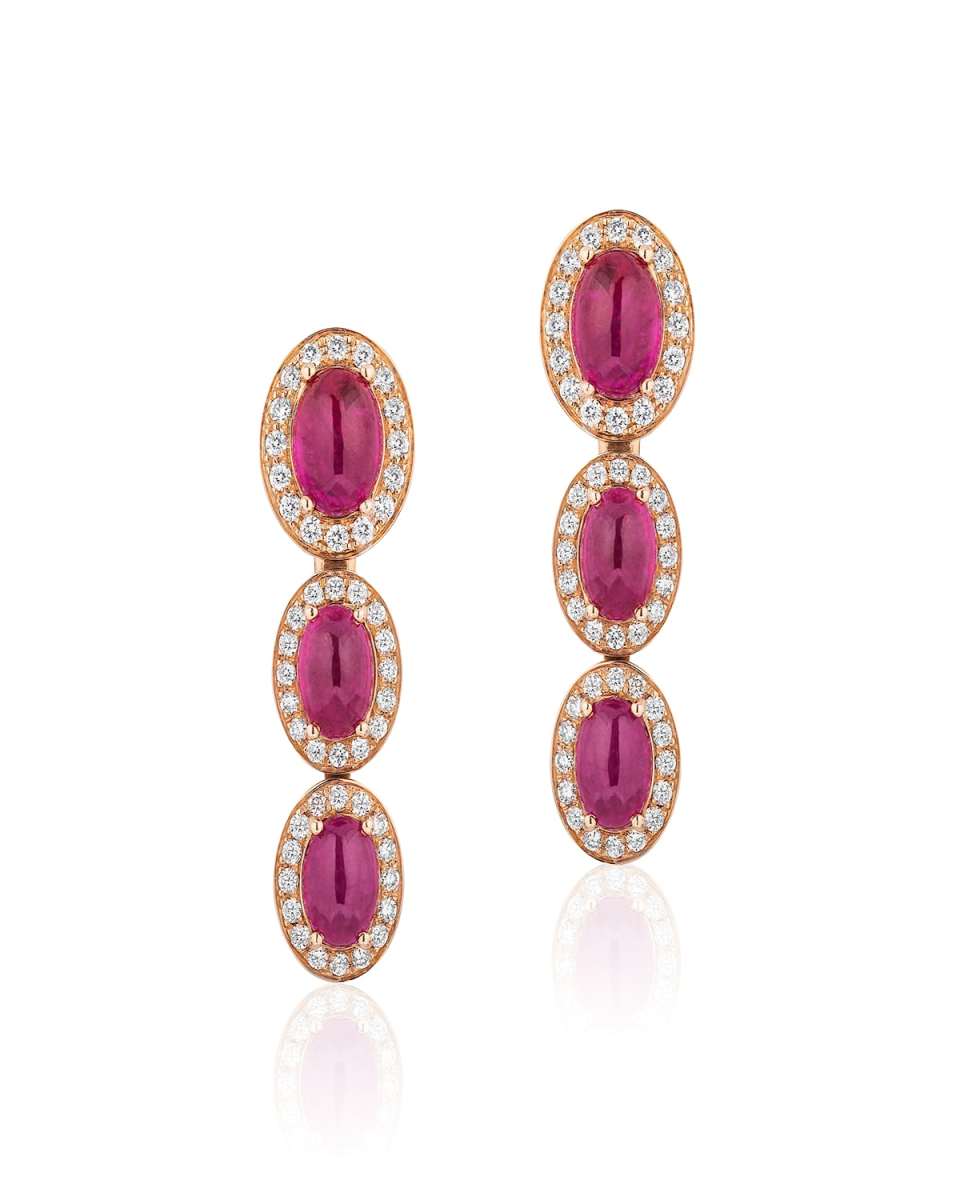 18K Rose Gold Ruby and Diamond Triple Stack Earrings