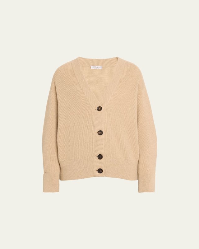 Monili Trim V-Neck Cashmere Ribbed Cardigan