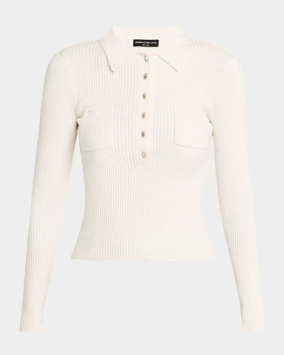 Perry Rib-Knit Rhinestone Polo Sweat