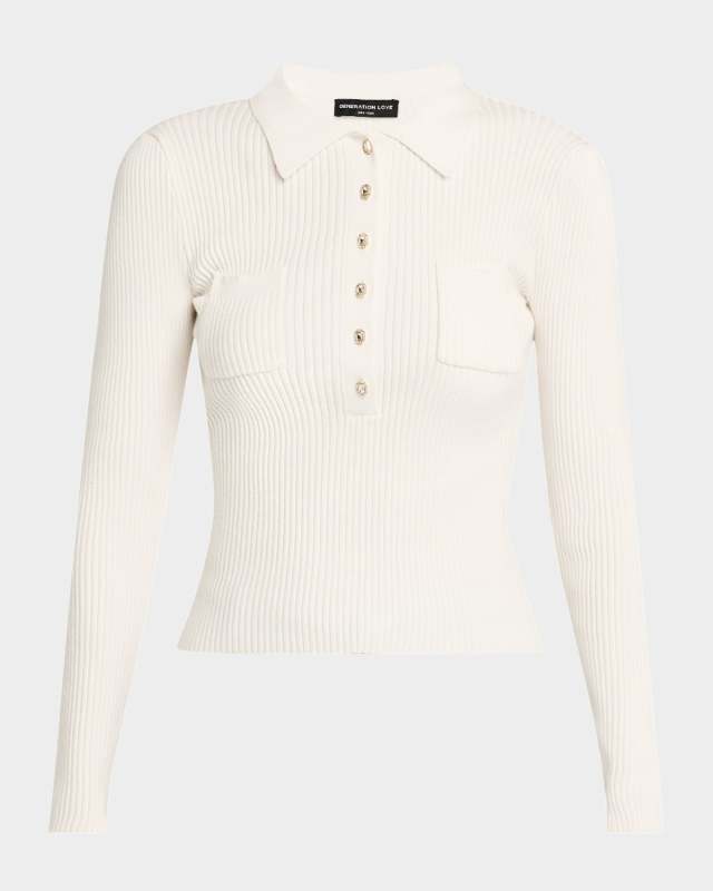 Perry Rib-Knit Rhinestone Polo Sweat