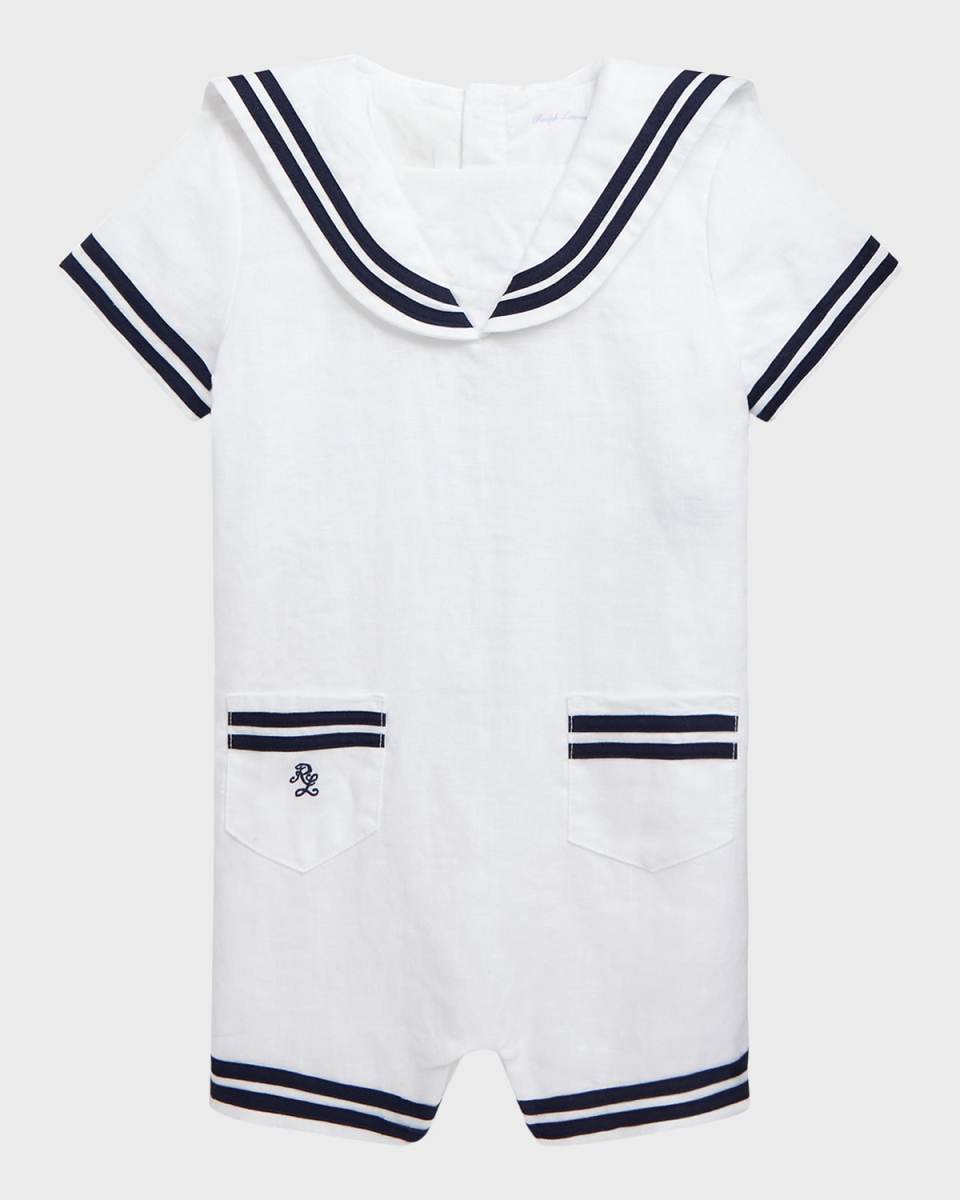 Boy's Sailor-Inspired Embroidered Shortall, Size 9M-24M