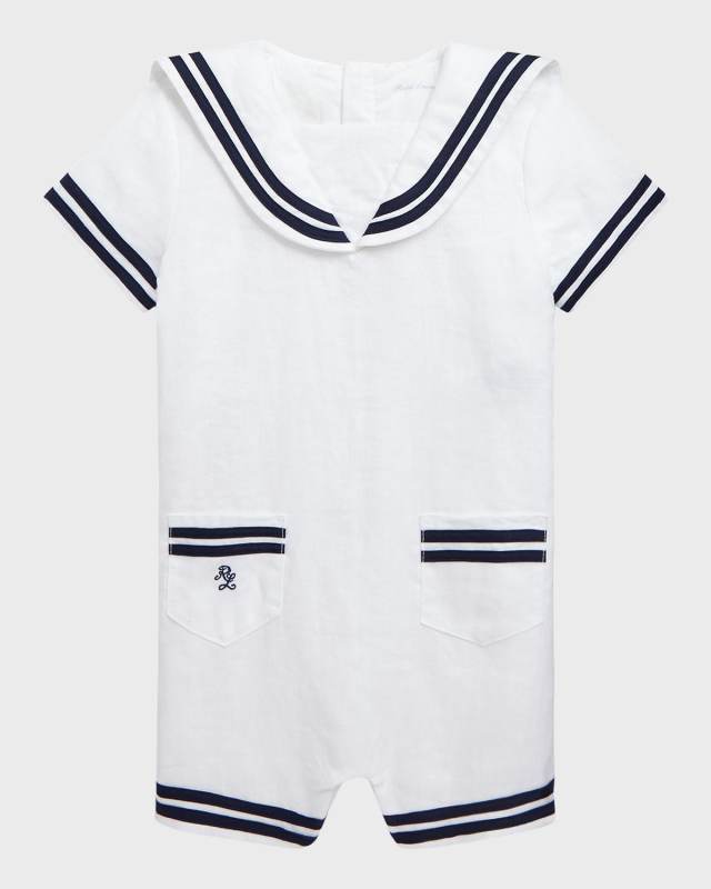 Boy's Sailor-Inspired Embroidered Shortall, Size 9M-24M