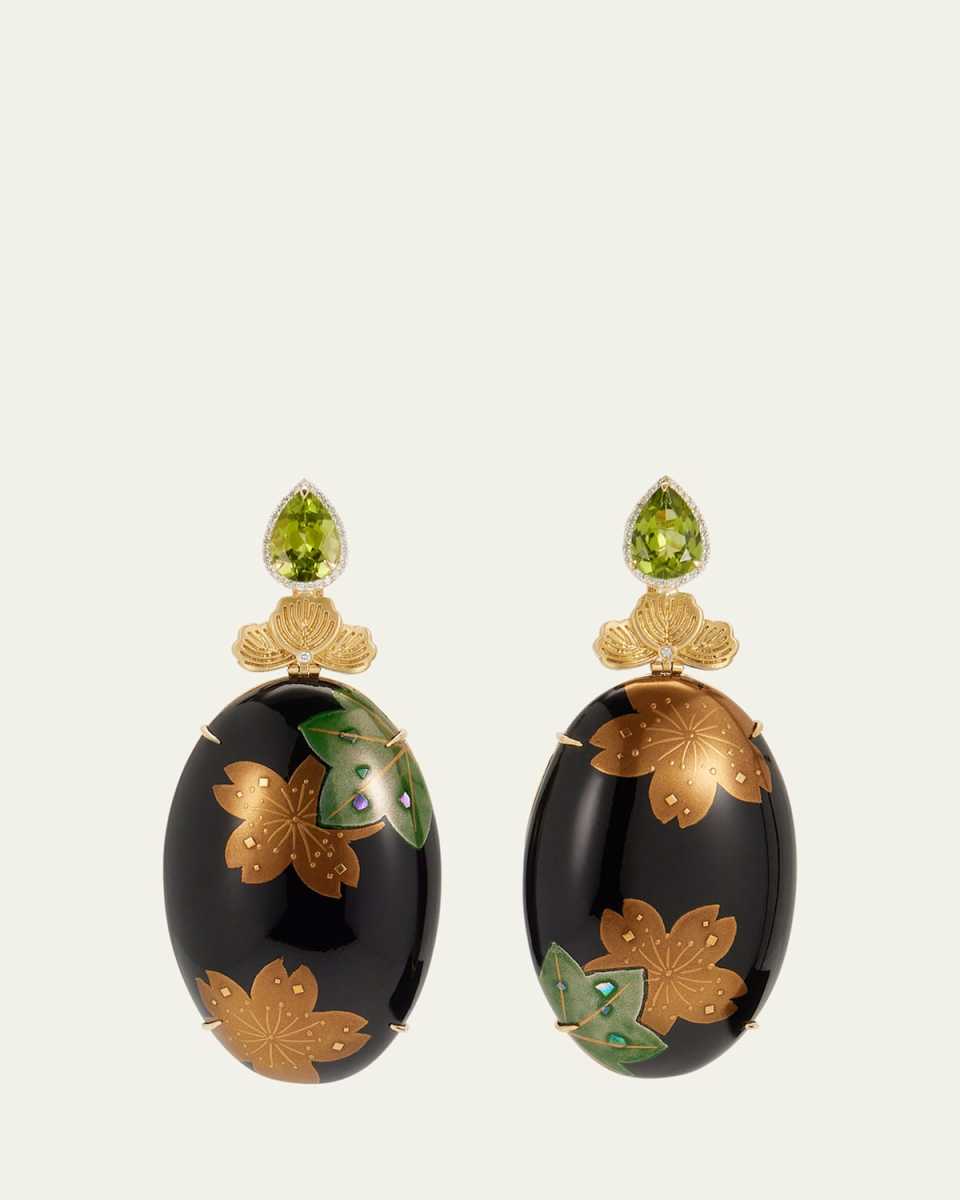 Yellow Gold Earrings with Maki Lacquer, Peridot, and Diamonds