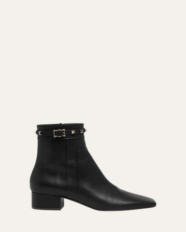 Rockstud Leather Buckle Ankle Booties