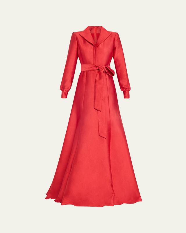 Tie-Waist Shimmer Jacquard Shirt Gown
