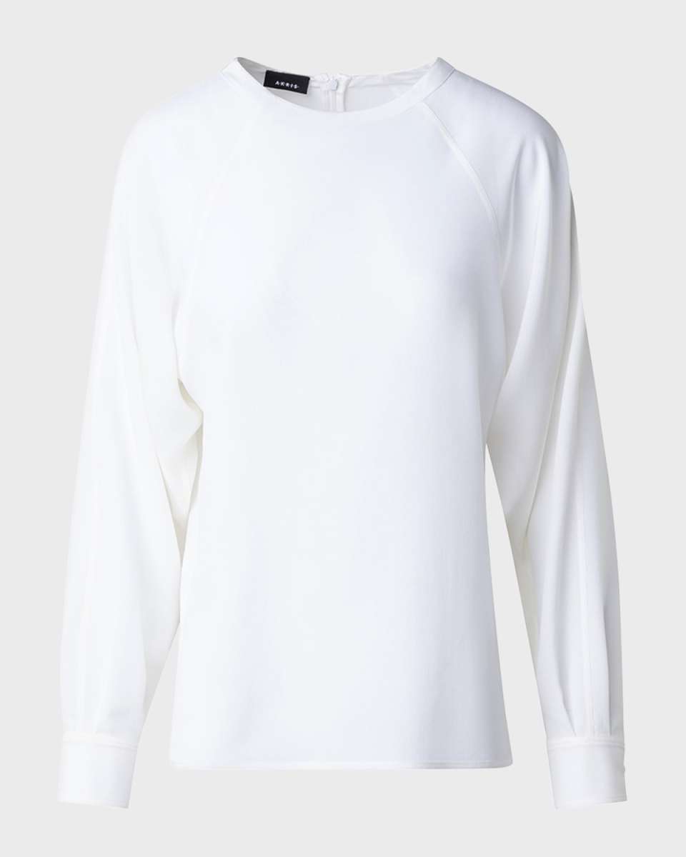 Crewneck Long-Sleeve Silk Crepe Blouse