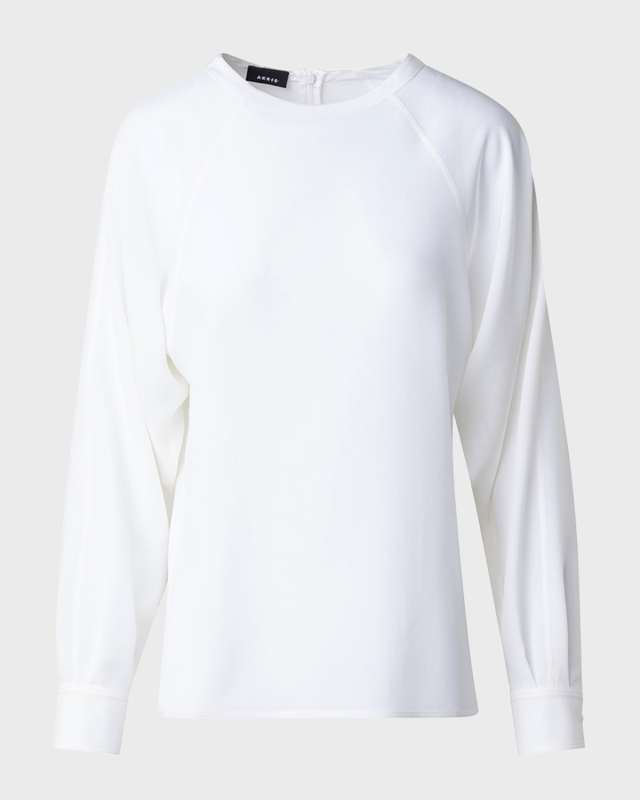Crewneck Long-Sleeve Silk Crepe Blouse
