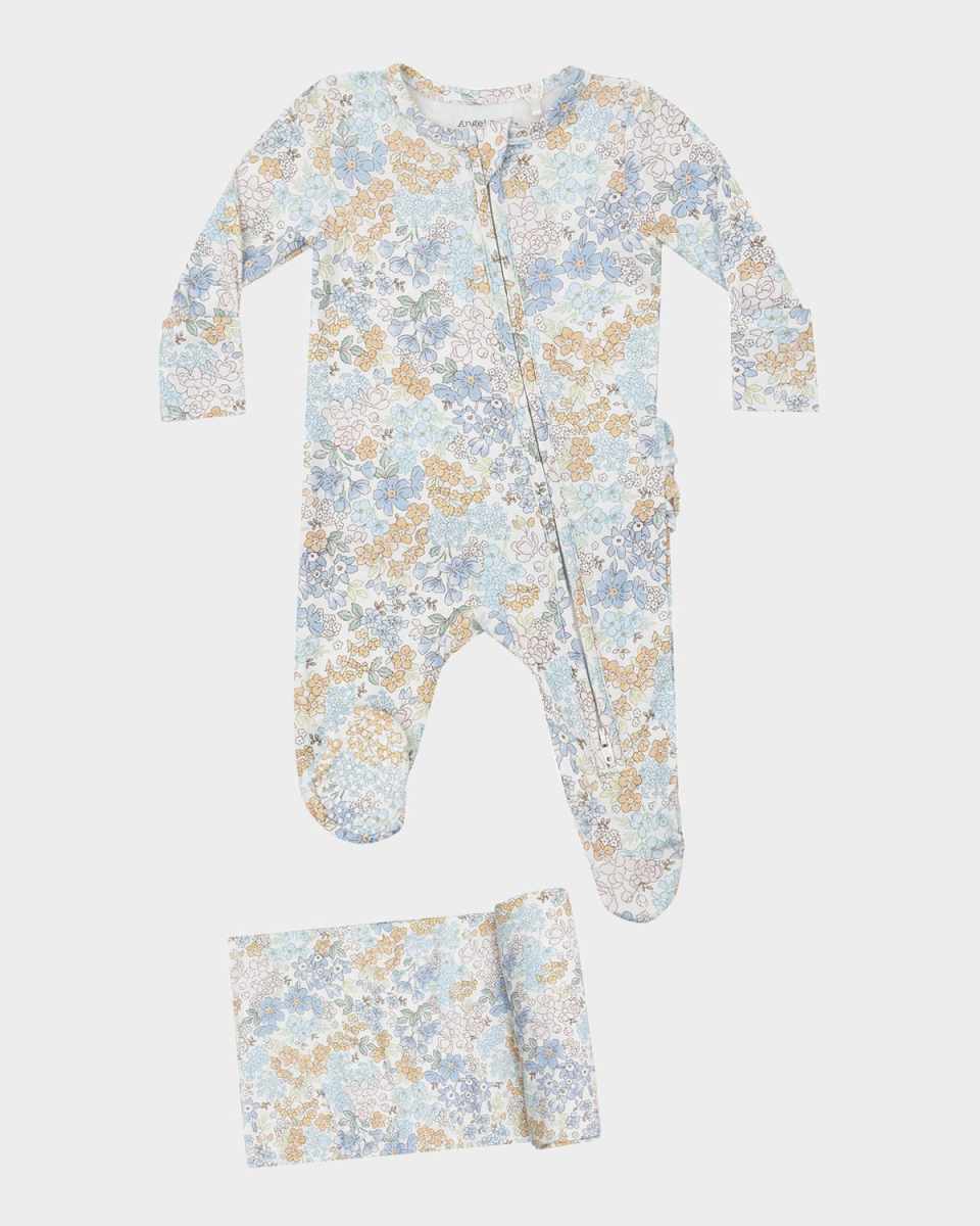 Girl's Edith's Floral Ruffle Back Footie And Swaddle Blanket Set, Size Newborn-9M