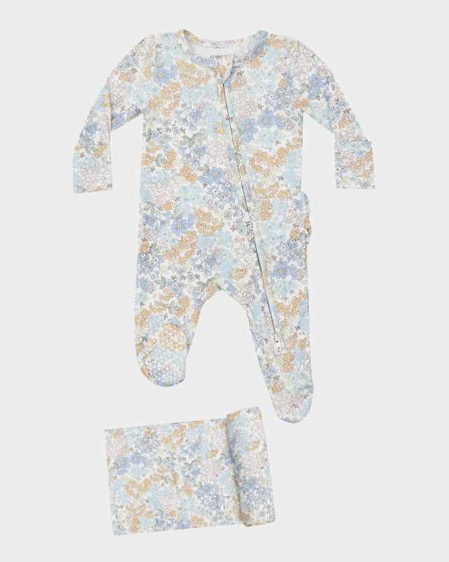 Girl's Edith's Floral Ruffle Back Footie And Swaddle Blanket Set, Size Newborn-9M