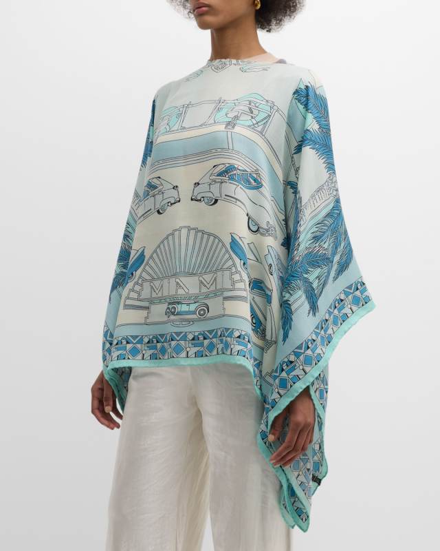 Miami Aqua Print Cashmere-Blend Poncho