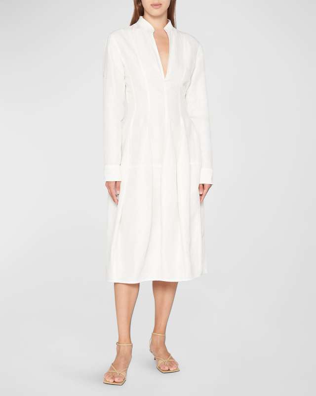 Long-Sleeve Fit-&-Flare Fluid Midi Dress