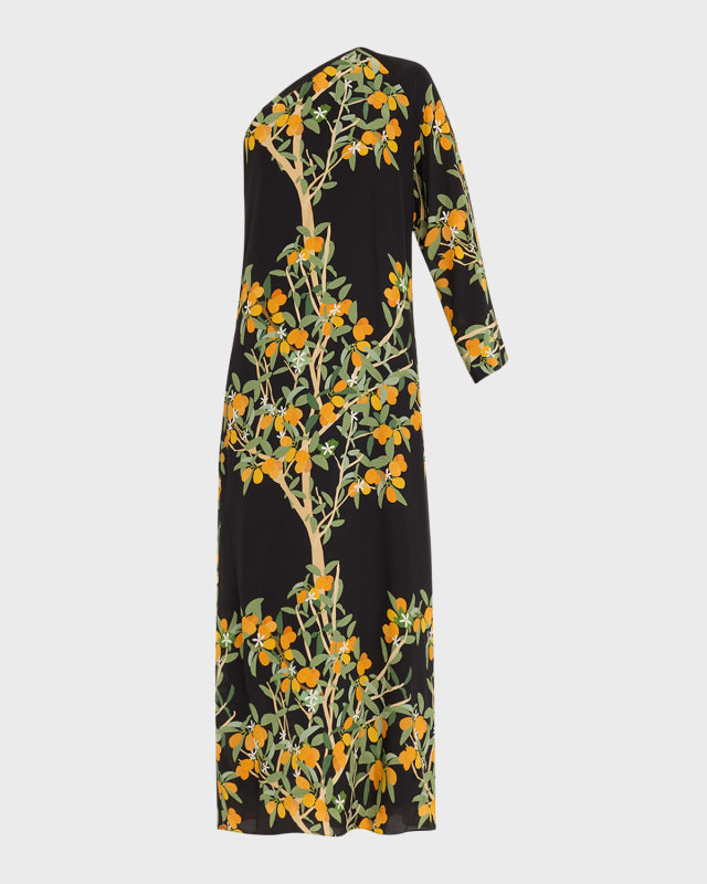 Lola One-Shoulder Kumquat Print Midi Dress