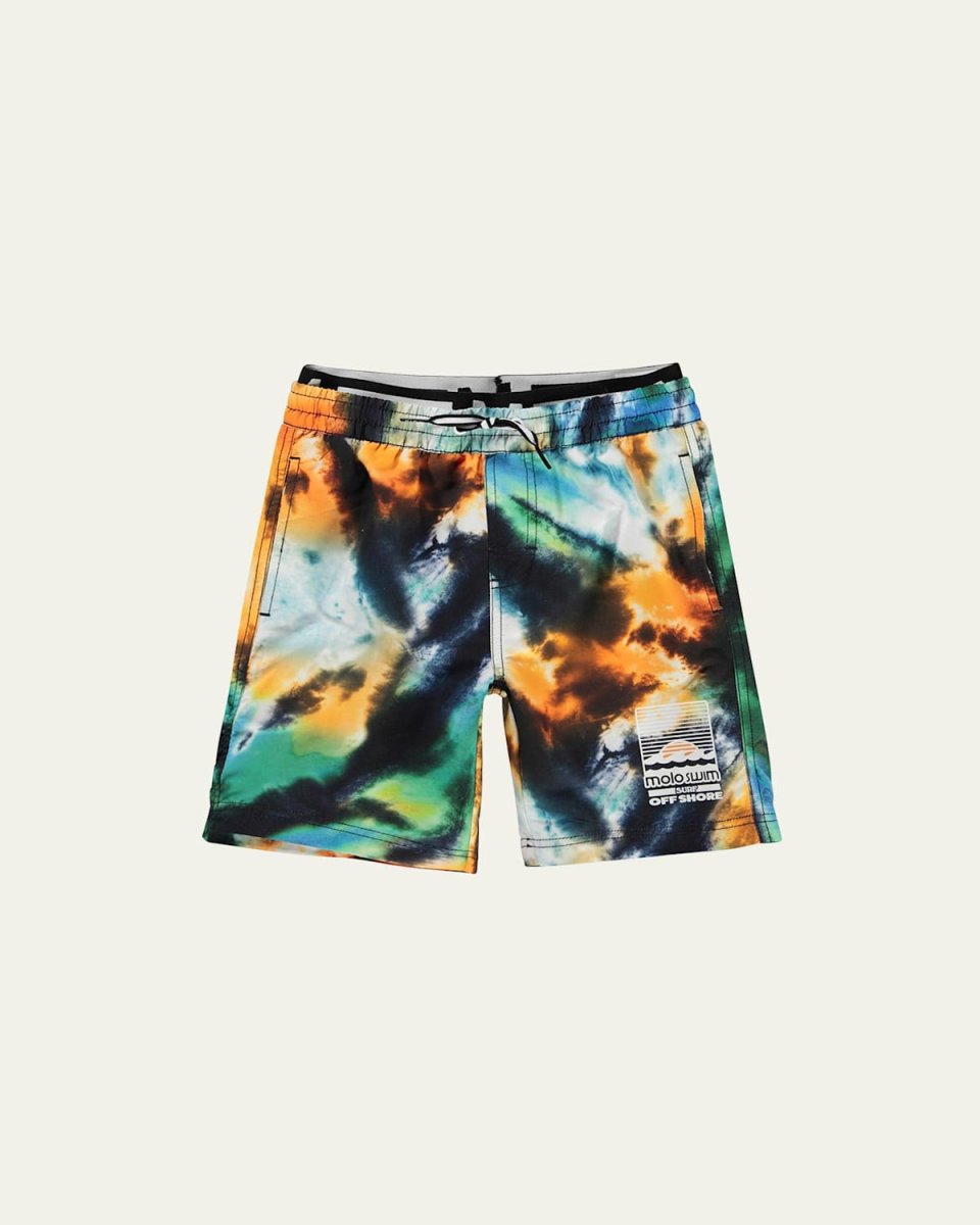 Boy's Neal Palm Tree Smiley Drawstring Swim Trunks, Size 3-12