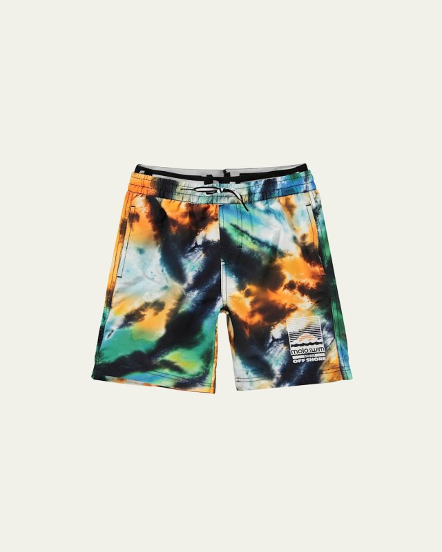 Boy's Neal Palm Tree Smiley Drawstring Swim Trunks, Size 3-12