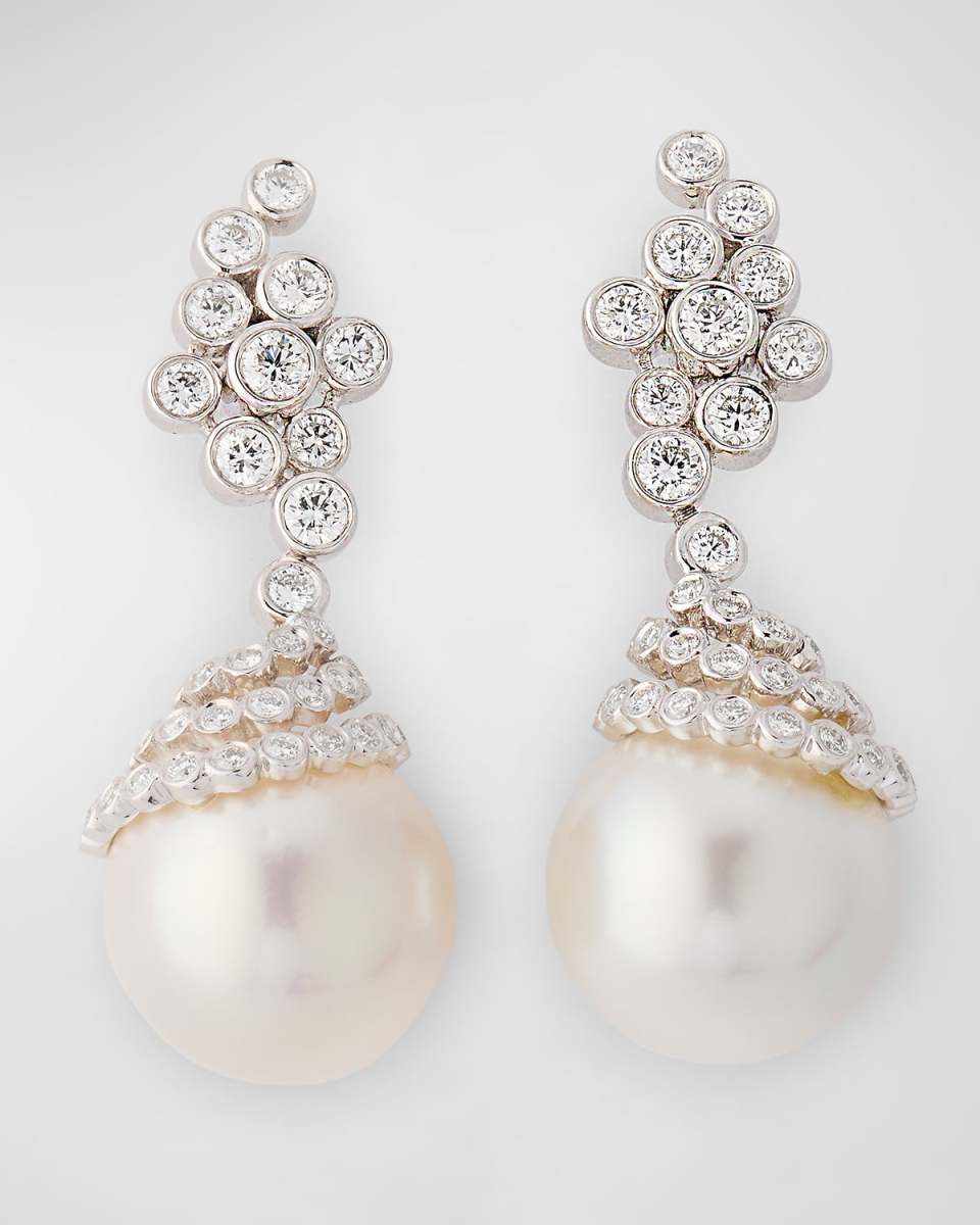 18K White Gold Diamond and 13.5mm South Sea Pearl Earrings